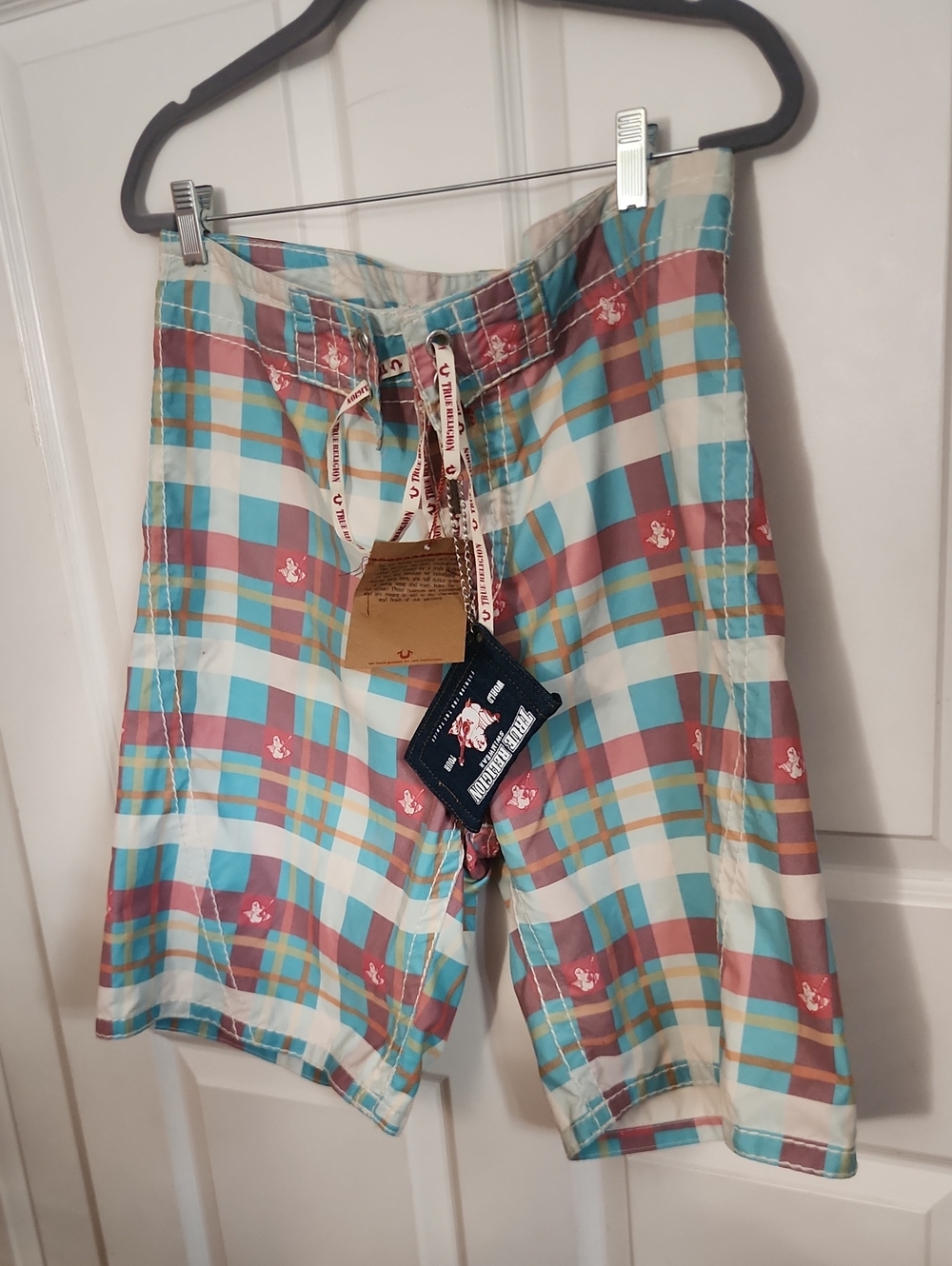 True Religion Men’s Plaid Swim Board Shorts in Teal, Coral & Cream